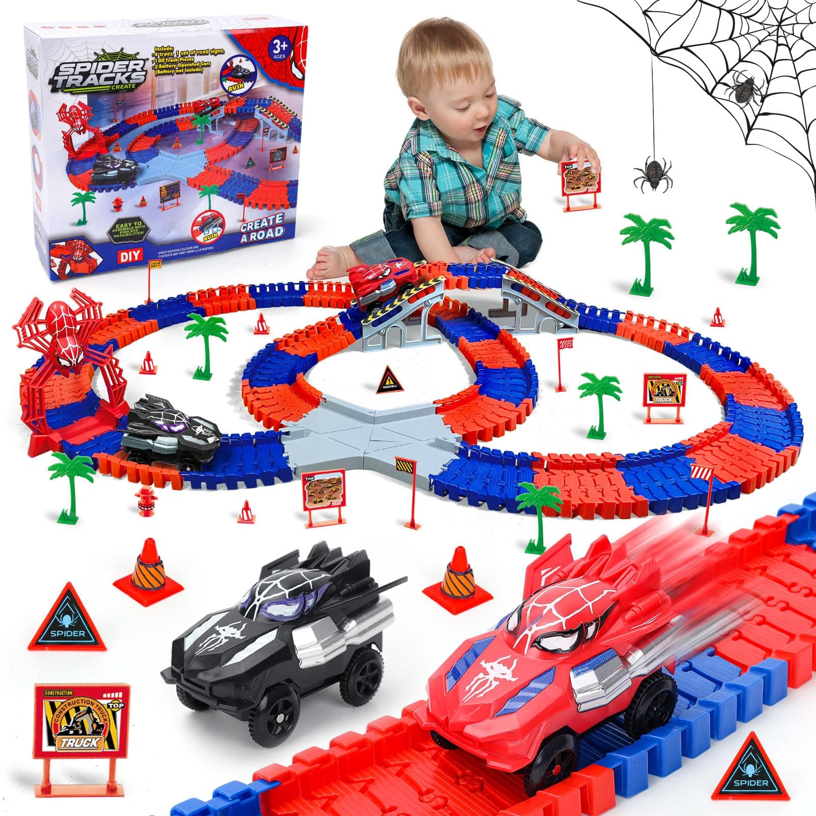 Spider-Themed Flexible Track Toy Set Includes Black And Red Spider Cars,Pickup Only