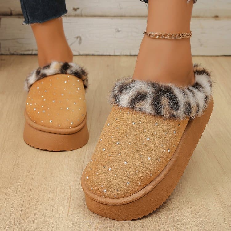Women's Platform Thickened Plush Snow Boots, 2026 Autumn Winter New Arrival Fashionable Rhinestone Outdoor Wear Cotton Padded Slippers
