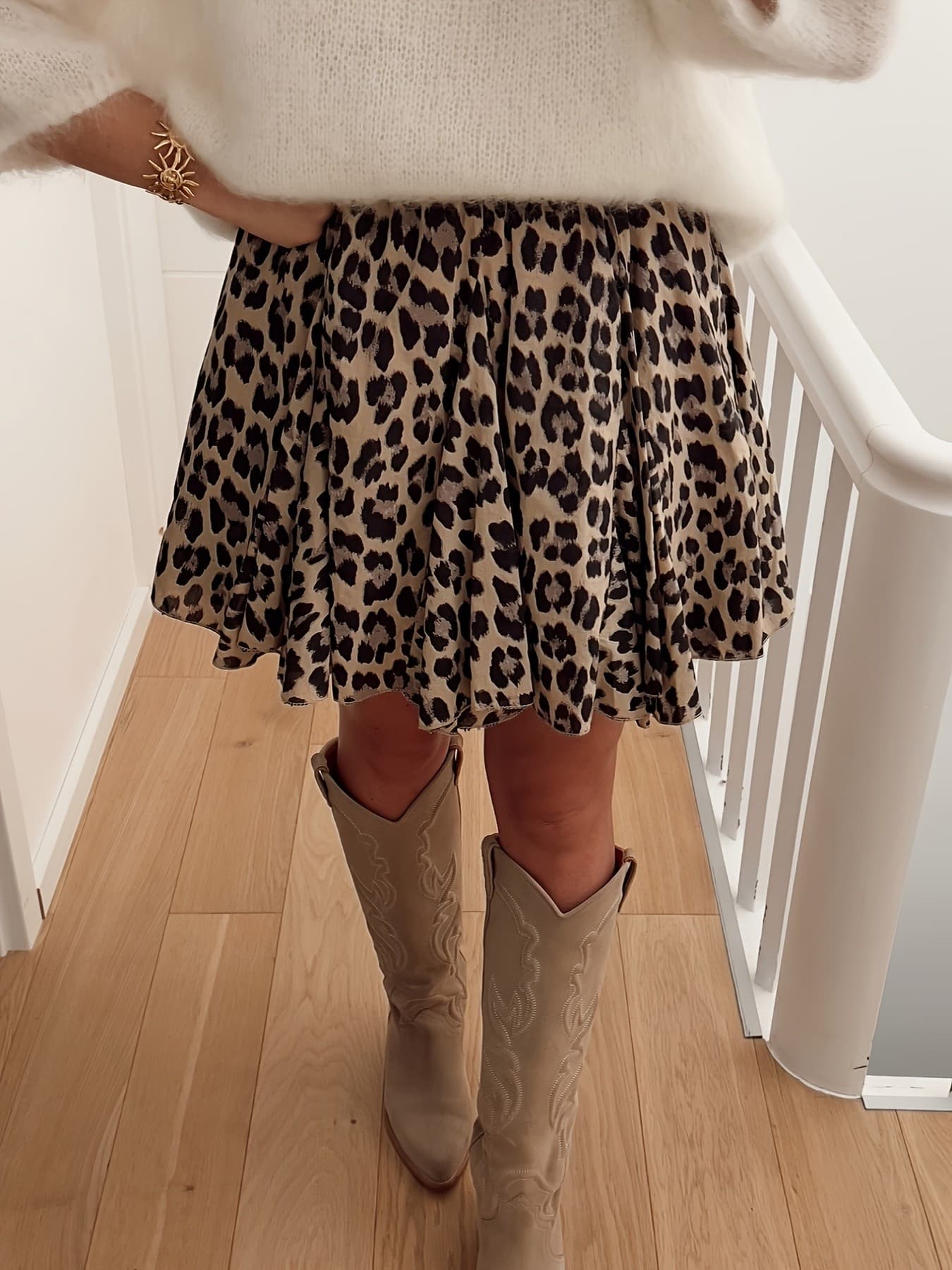 Women's Beige Leopard Print Pleated Mini Skirt High Waist Flared Casual Skirt