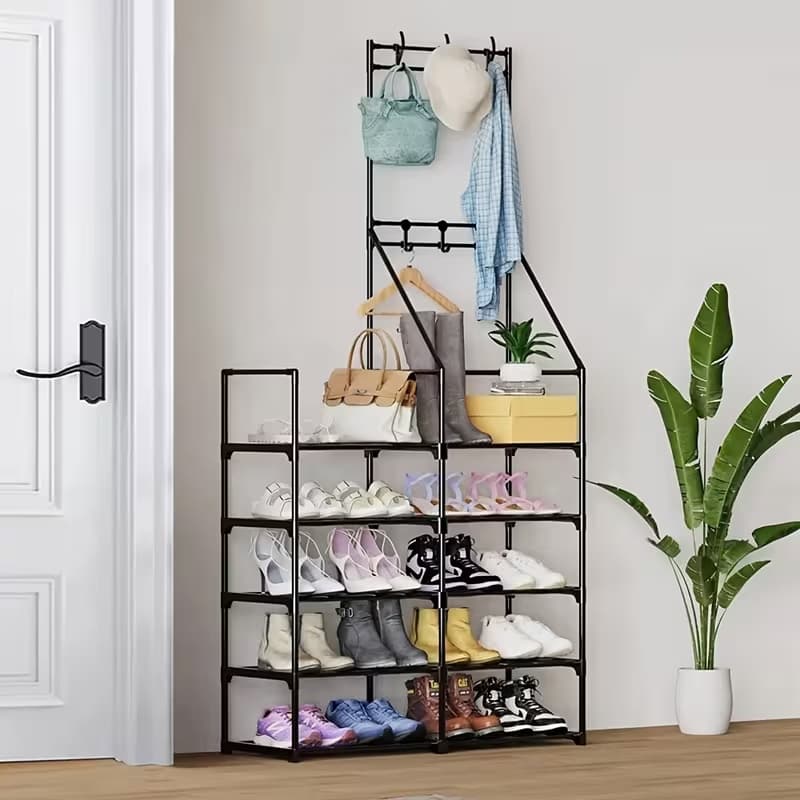 Sturdy Double-Row Coat Shoe Rack All-in-One Combo, Free-Standing Multifunctional Entryway Organizer For Bedroom, Living Room, Foyer And Mudroom