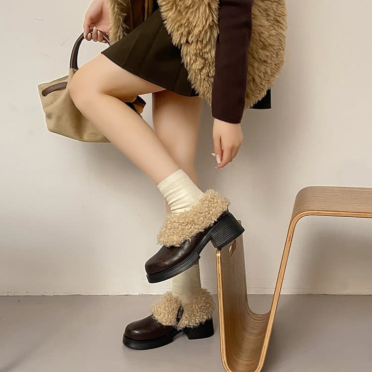 New AW Women's Chunky Heel Mary Jane Flats Warm Plush Lining, SlipOn, Cozy  Chic
