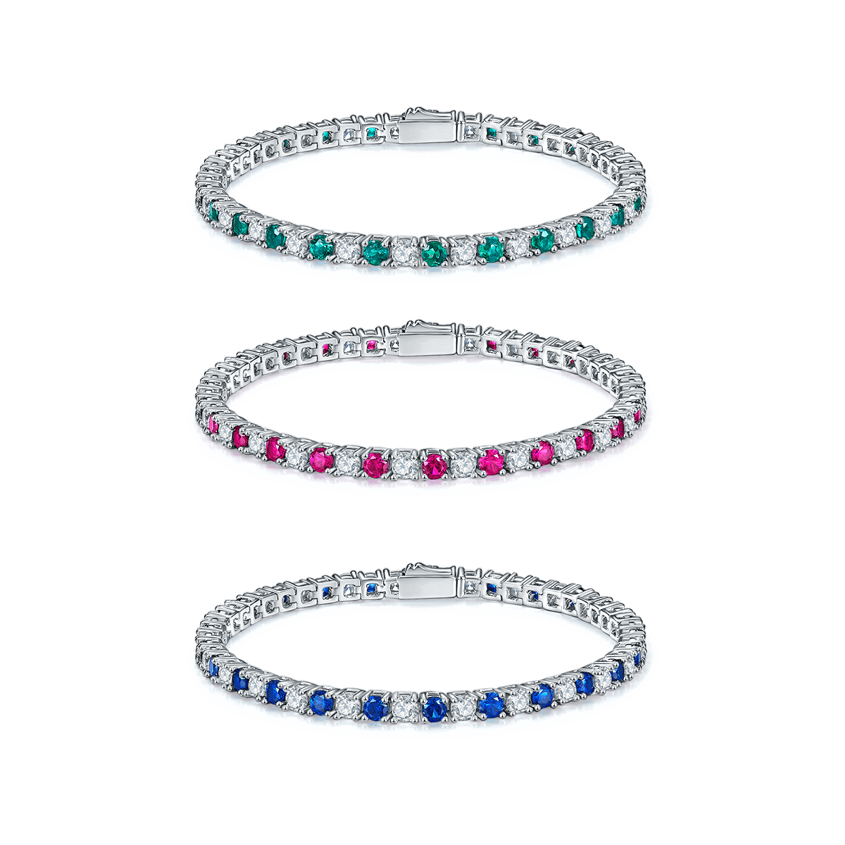 S925 Sterling Silver 3x3mm Lab-Grown Gemstone Tennis Bracelet For Women 16.5cm 8.6g Red Blue Green Options Platinum Plated Gift Box
