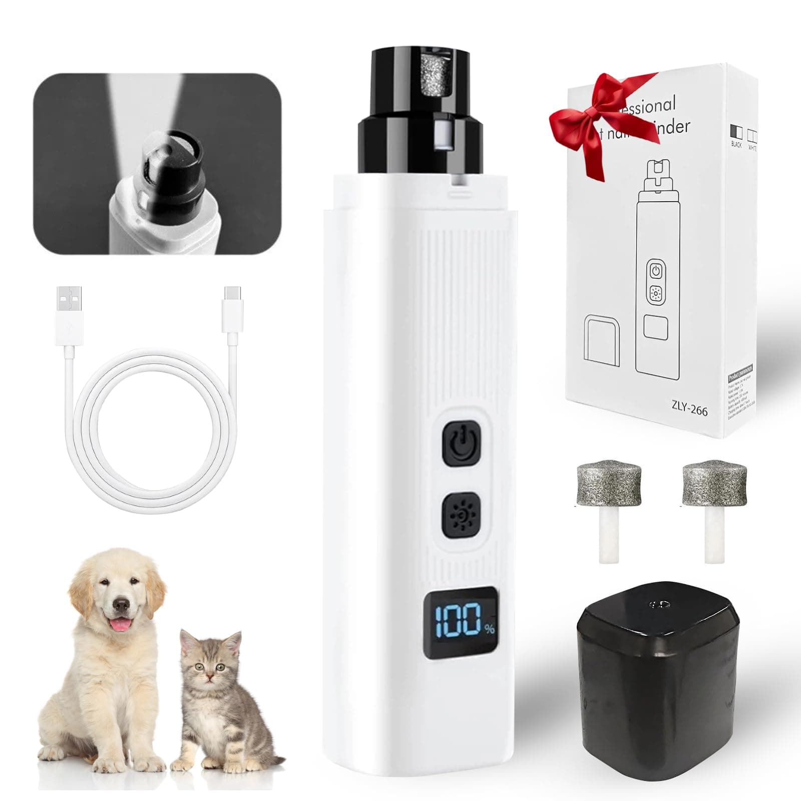 Dog Nail Grinder, Electric Pet Nail Grinder With 2 Speed Digital USB Rechargeable Dog Nail Trimmer Nail Claw Clippers With LED Lighting Quiet Paws Grooming For Medium Small Dogs Pet