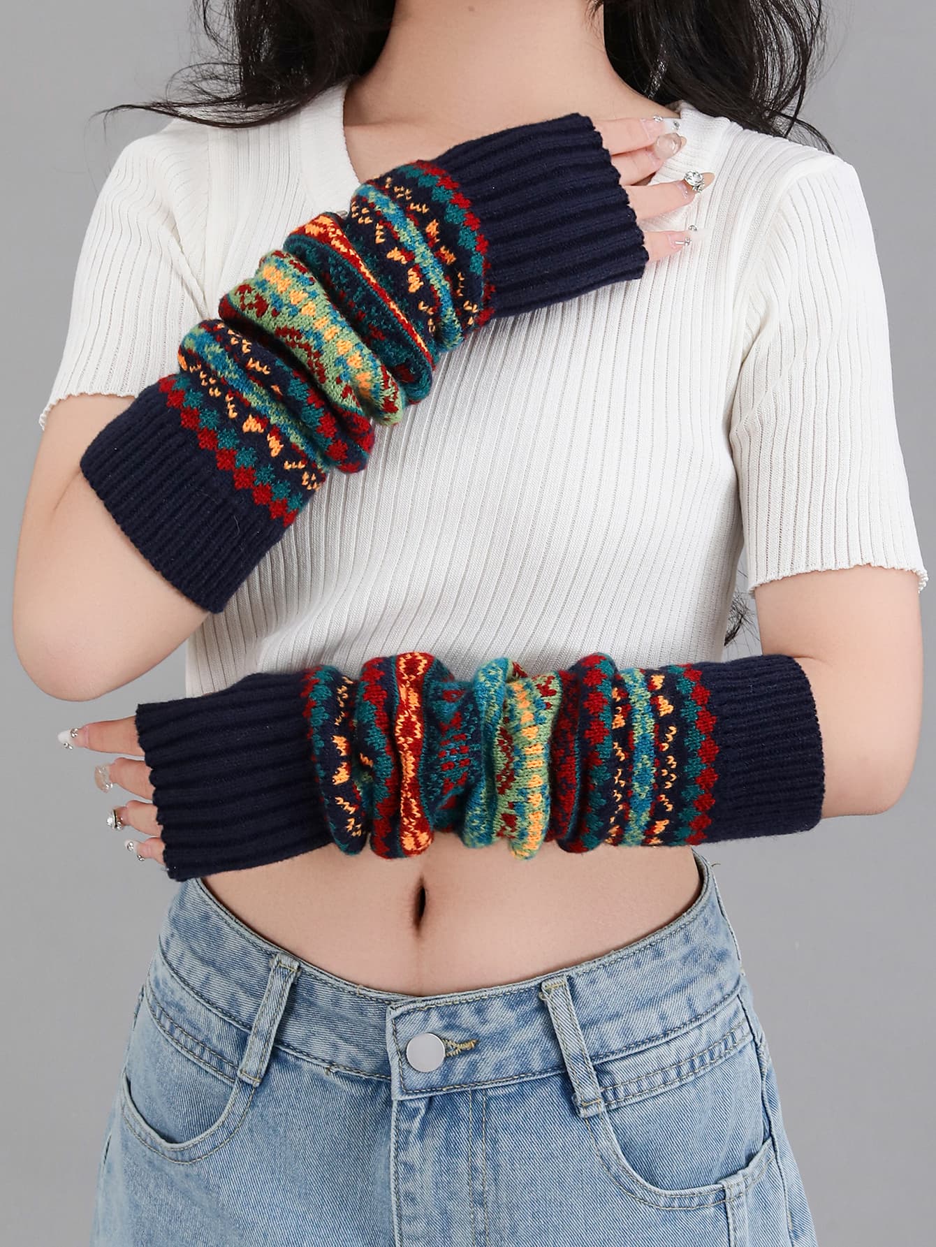 Boho Short Knit Fingerless Thermal Gloves Arm Warmer For Girls Women