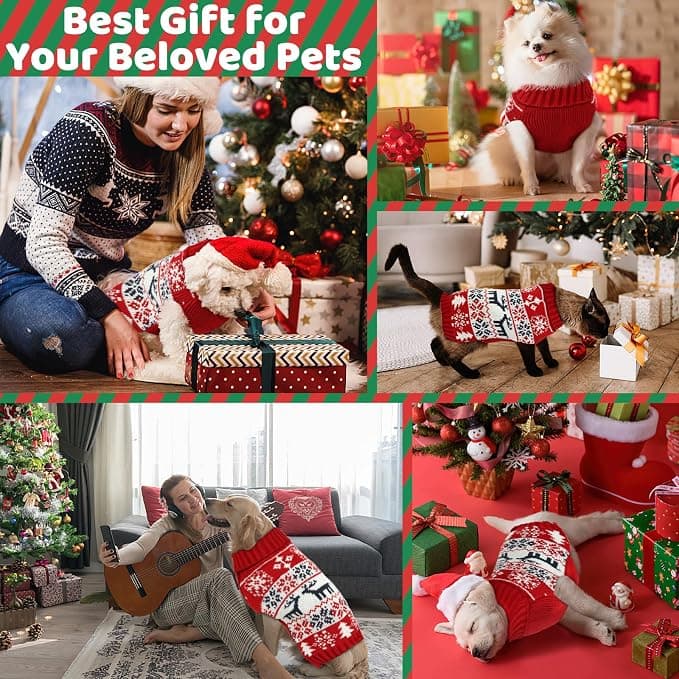 Deer Pattern Christmas Pet Sweater, Soft Warm Knitted Turtleneck Holiday Outfit For Small To Large Dogs And Cats, Medium Size