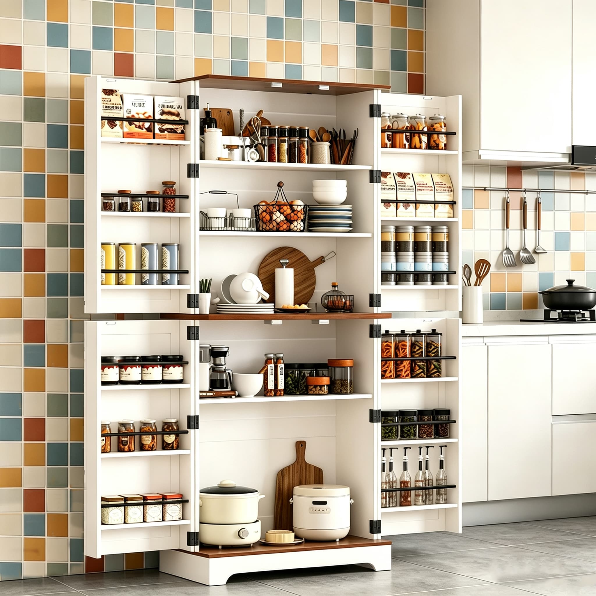 Farmhouse Kitchen Pantry Cabinet, 70in Tall Storage Cabinet With Adjustable Shelves & 4 Barn Doors & Drawer