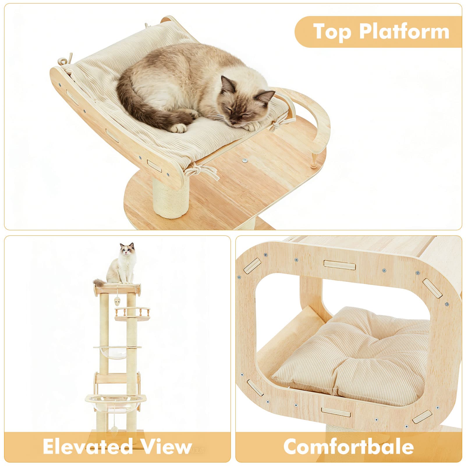 Heavy-Duty No-Drill 4-Story Cat Tree-Solid Wood Multi-Story Boards, Multi-Column Design, 55.9in Cat Tower With Open Condo, Double Space Capsules & Perch, Indoor Cat Furniture For Multi-Cat Families