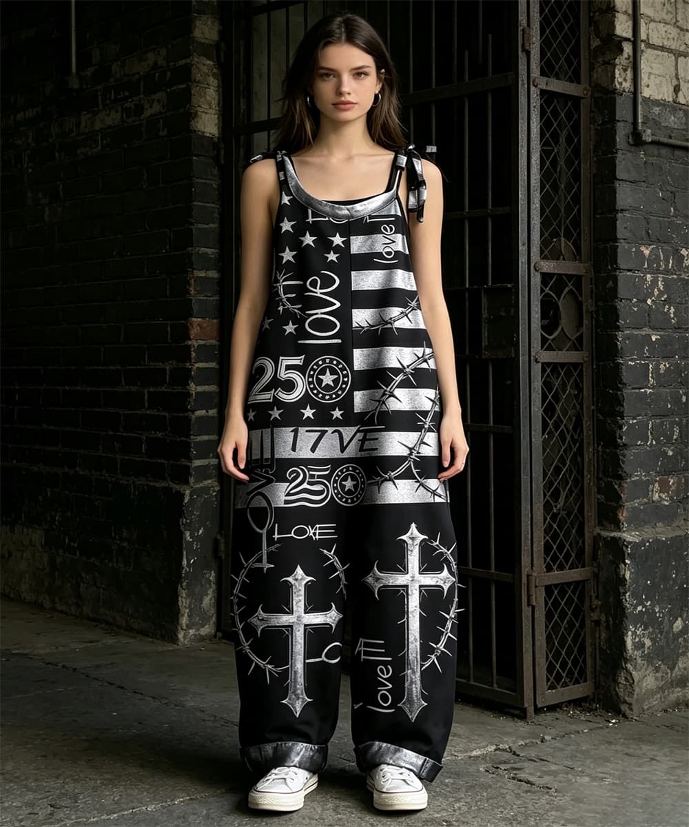 Women's Tie Shoulder Overalls, White Christmas Tree Santa Cartoon Print Wide Leg Jumpsuit