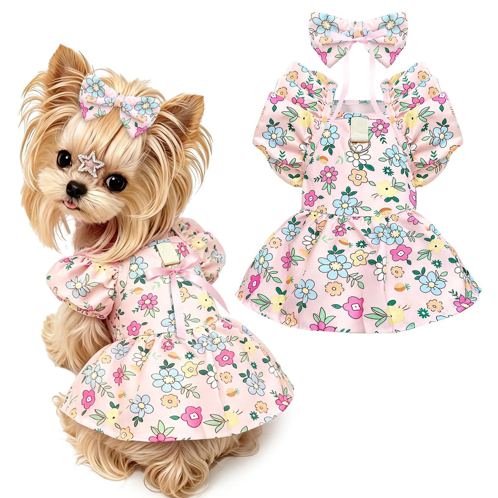 Cute Floral Small Dog Cat Harness Dress Outfits With Bow & Leash D-Ring,Soft Breathable Summer Ruffle Puppy Clothes Girl,3-Way Styling Female Dog Clothes For Chihuahua Yorkie Maltese