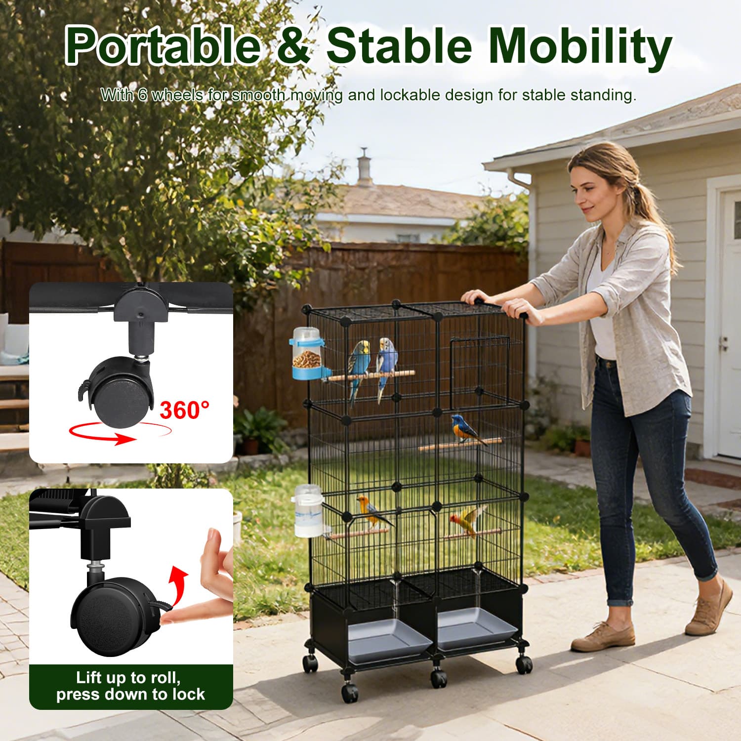 1Pc  46in Bird Cage Spacious Indoor Pet Bird House With 4 Wooden Perches 2 Slide-Out Tray 2 Water Bottle Feeder Lockable Wheels For Parrot Parakeets Cockatiel Lovebird Small Mid-Sized Birds