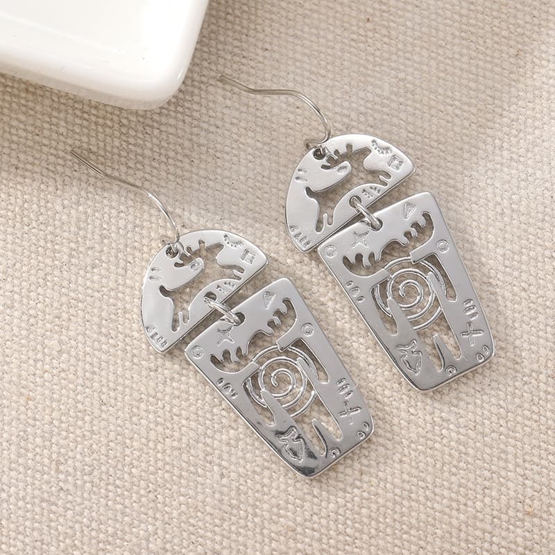 Vintage Abstract Symbol Drop Earrings Silver Tone Brass Women Artistic Party Fashion Jewelry Statement Geometric