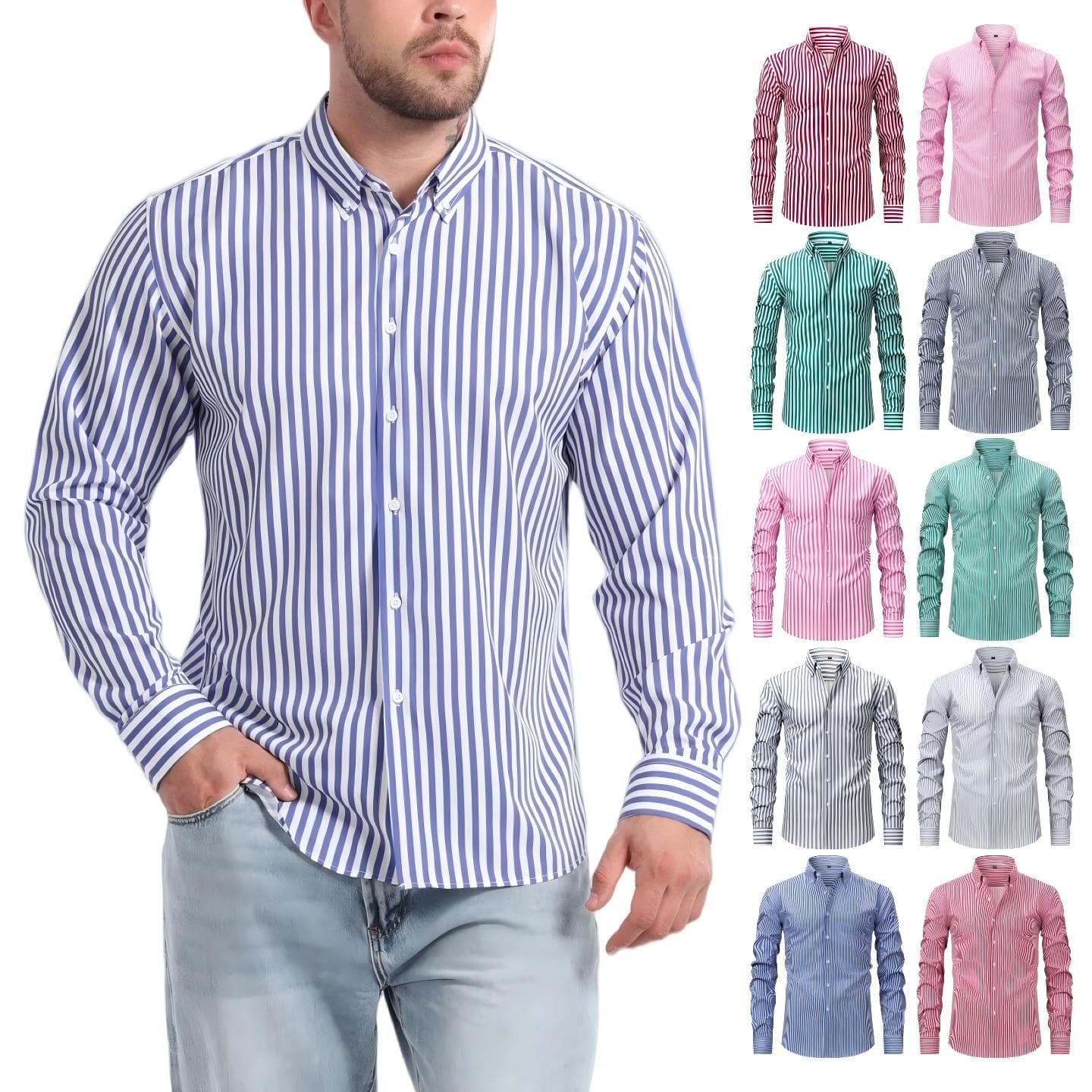 Jiachuan Cross-Border European And American Elastic Non-Iron Men's Shirt Long Sleeve Digital Print Striped Casual Fashion Shirt Men's Clothing