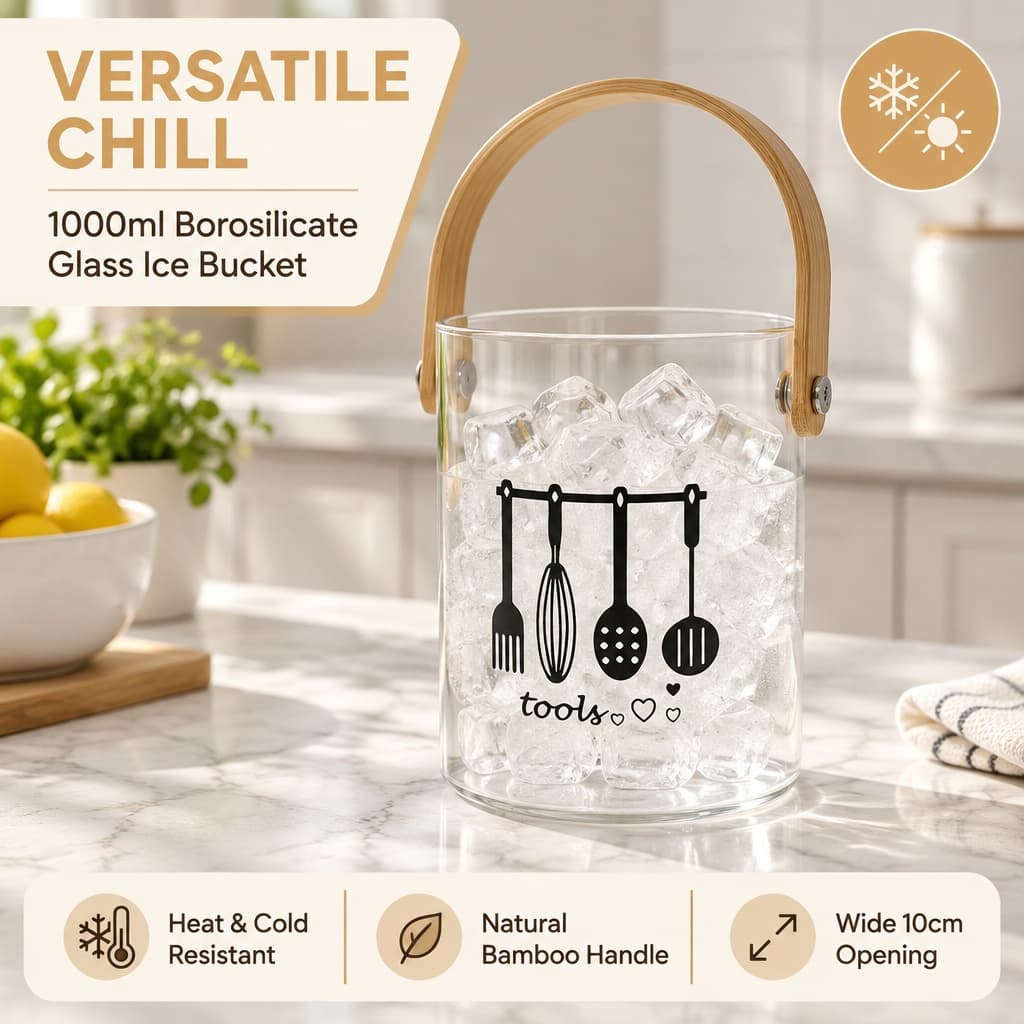 Borosilicate Glass Ice Bucket With Bamboo Handle, Large Drink Chiller For Party Kitchen