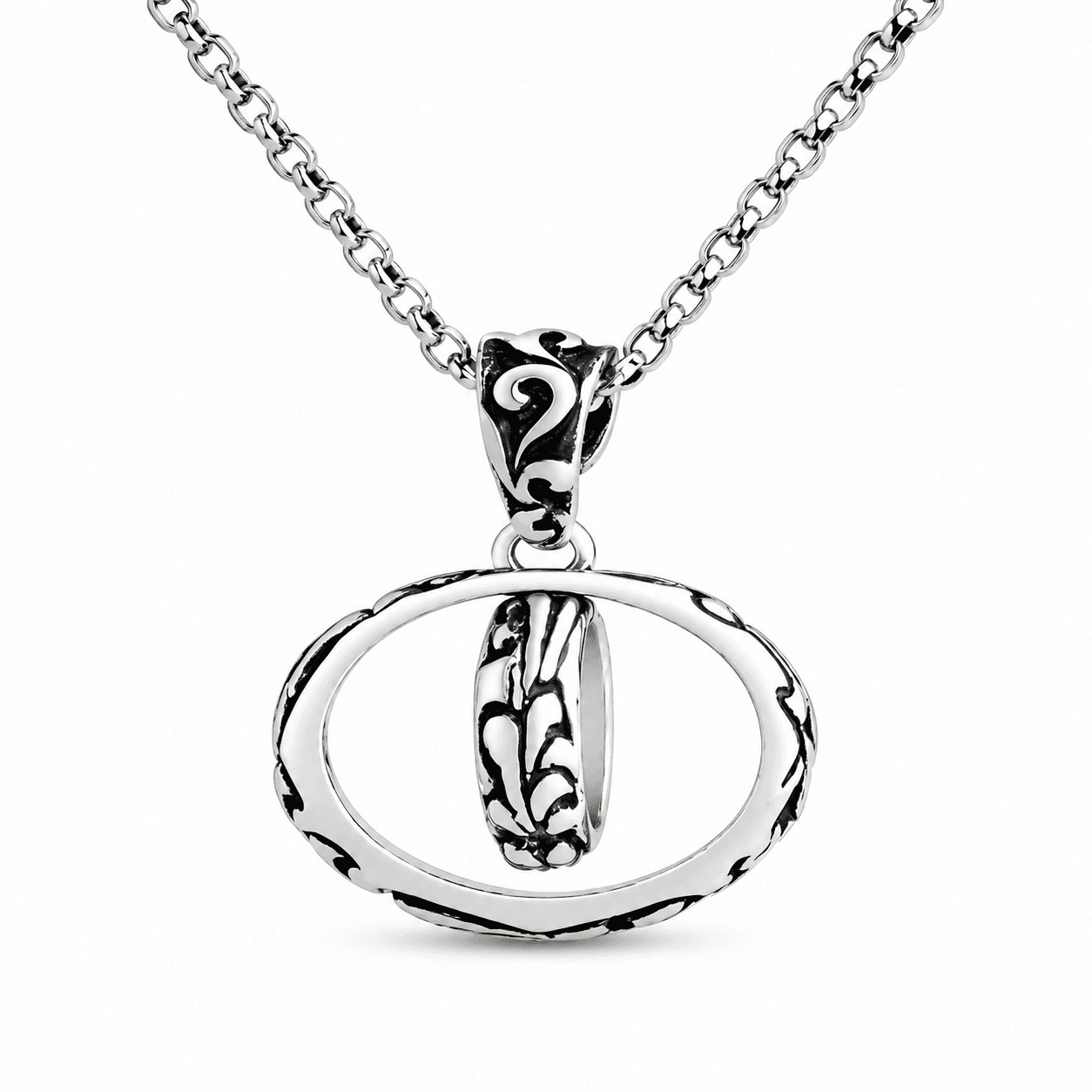 Vintage Scroll Engraved Interlocking Oval Double Ring Pendant Necklace For Men, Copper Plated Silver Antique Black Two-Tone Punk Biker Jewelry Gift