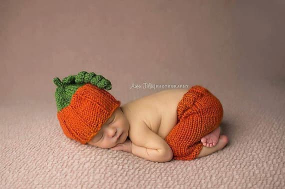 Newborn Pumpkin Sweater Set, Baby Halloween Costume, Hand Knit Infant Photo Prop For Photoshoot