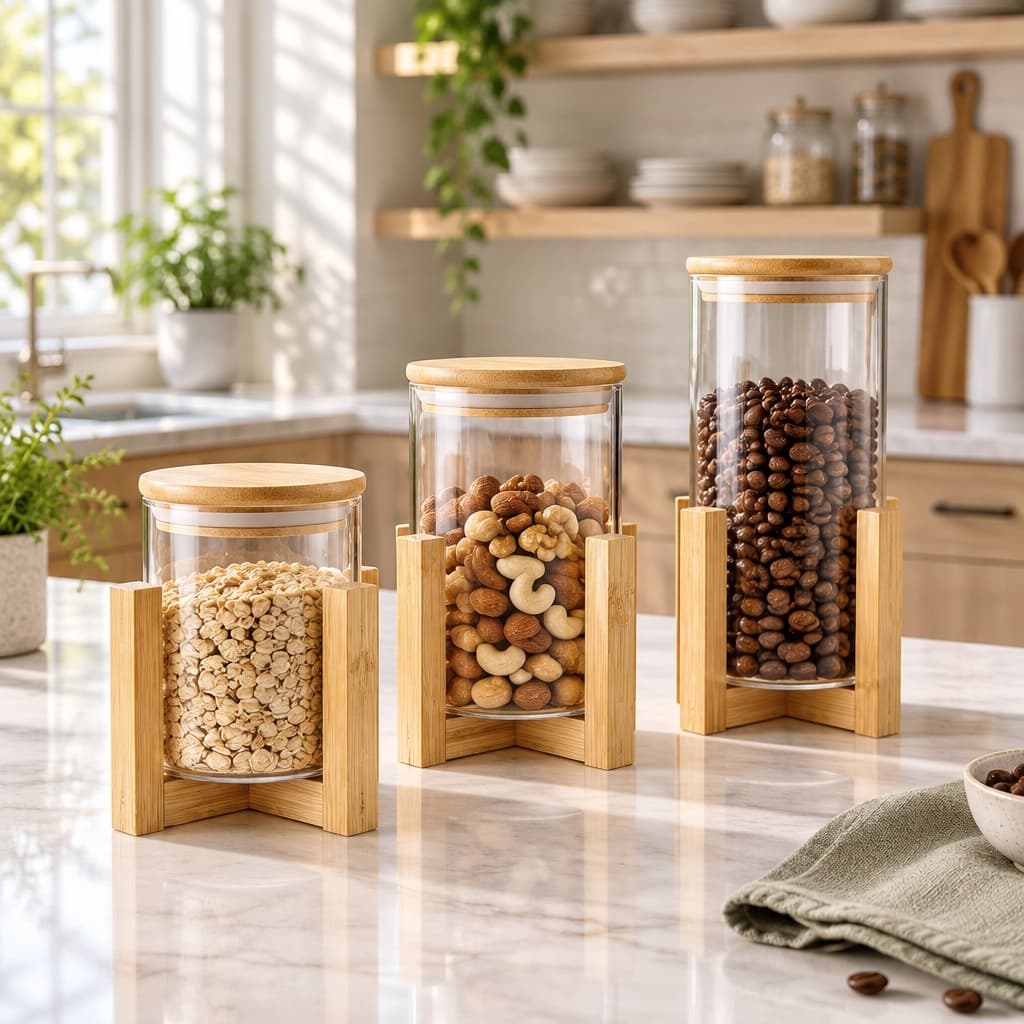 Glass Storage Jar With Bamboo Lid And Wooden Stand, Airtight Borosilicate Canister For Pantry