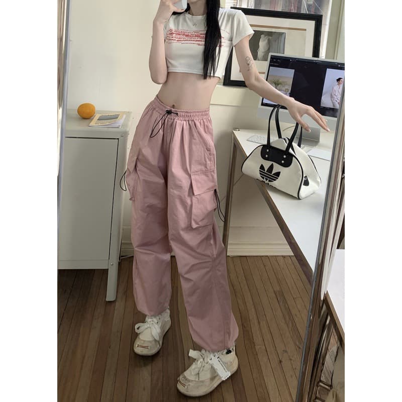 American-style Vintage Work Pants For Men And Women, Summer Versatile Straight-leg, Drapey, Cuffed, Loose Wide-leg Casual Pants-pink