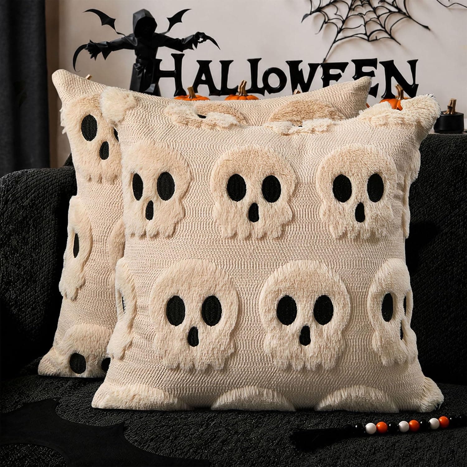 18x18 Inch Halloween Pillow Covers Set Of 2, Beige Ghost Pumpkin Skeleton Plush Faux Fur Cushion Case For Couch Bedroom Home Decor