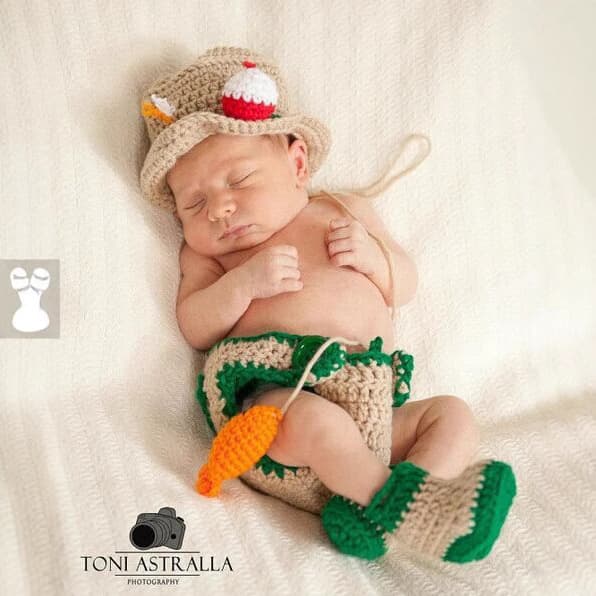 Hand Knit Newborn Cartoon Sweater Set, Fisherman Hat Infant Photography Outfit, Handmade Crochet Baby Photo Prop For Photoshoot