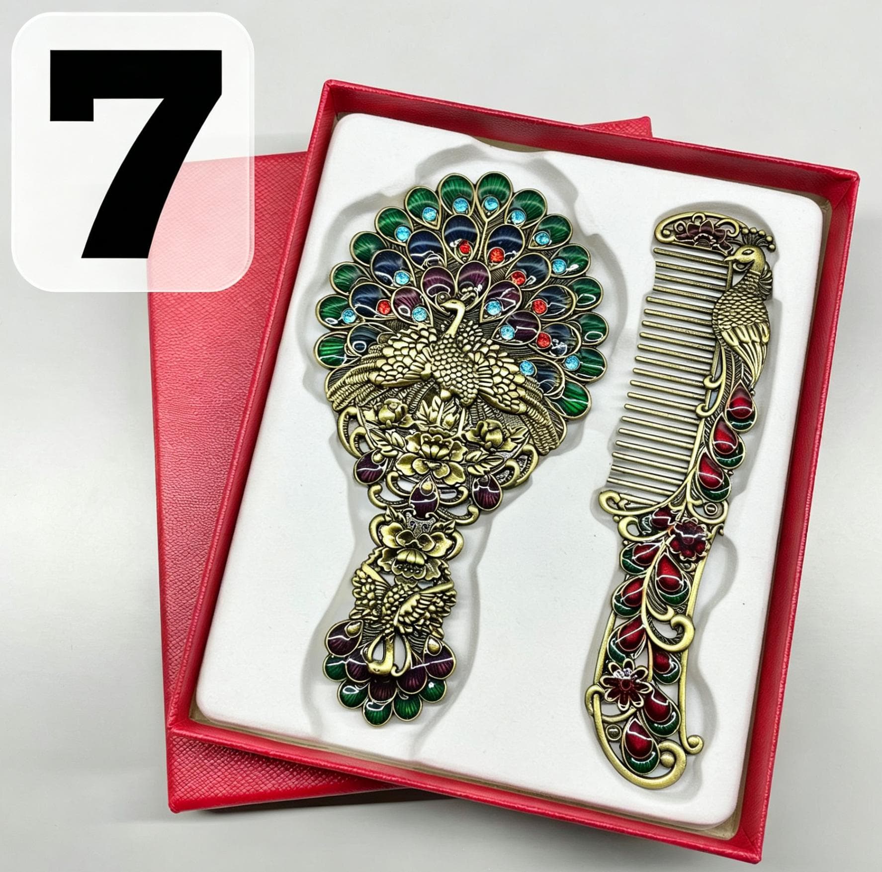 Creative Retro Peacock Open Screen Small Mirror Handle Metal Cosmetic Mirror Portable Mirror Comb Set Holiday Gifts Wholesale