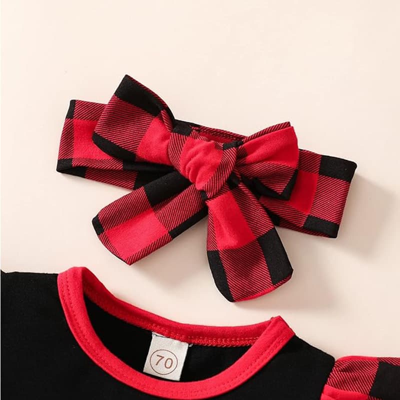 Infant Baby Girl Boy Christmas Jumpsuit Romper  Christmas Long Sleeve Plaid Checked Patchwork Bodysuit With Headband, Fall Winter One Piece Clothes