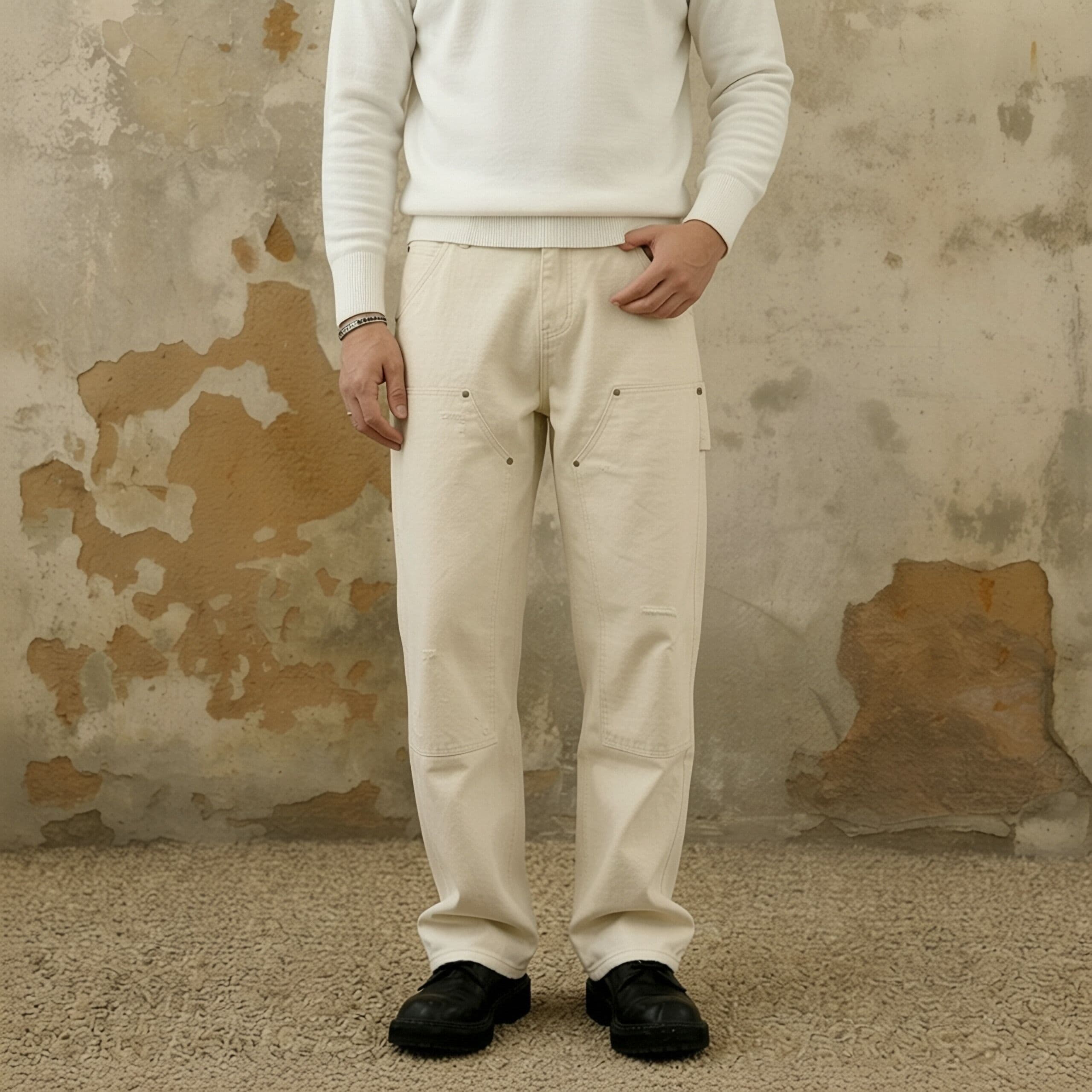 White Cargo Jeans Men Loose Fit Denim Pants Workwear Style Big Size Plus Size Streetwear Ready Stock