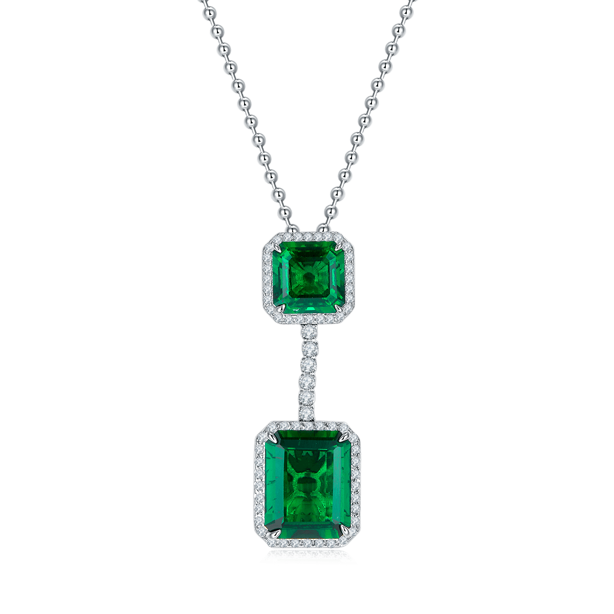 S925 Silver 12.9g 12.7ct Lab-Created Emerald Necklace, 15x12mm & 10x10mm Double Drop, 40cm