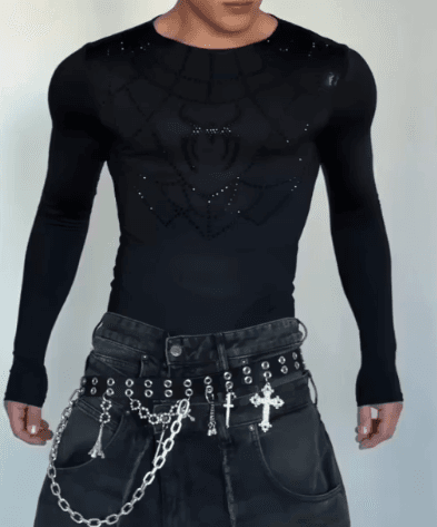 Men's Rhinestone Spiderweb Long Sleeve TOP