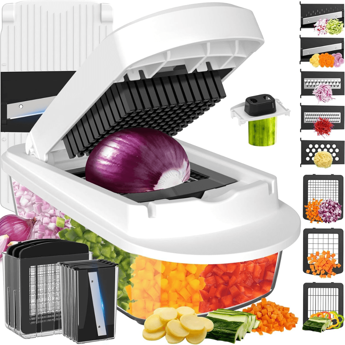 8-Blade Kitchen Chopper, Slicer & Grater Tool Set, Multi-Function Food Prep Gadget, White