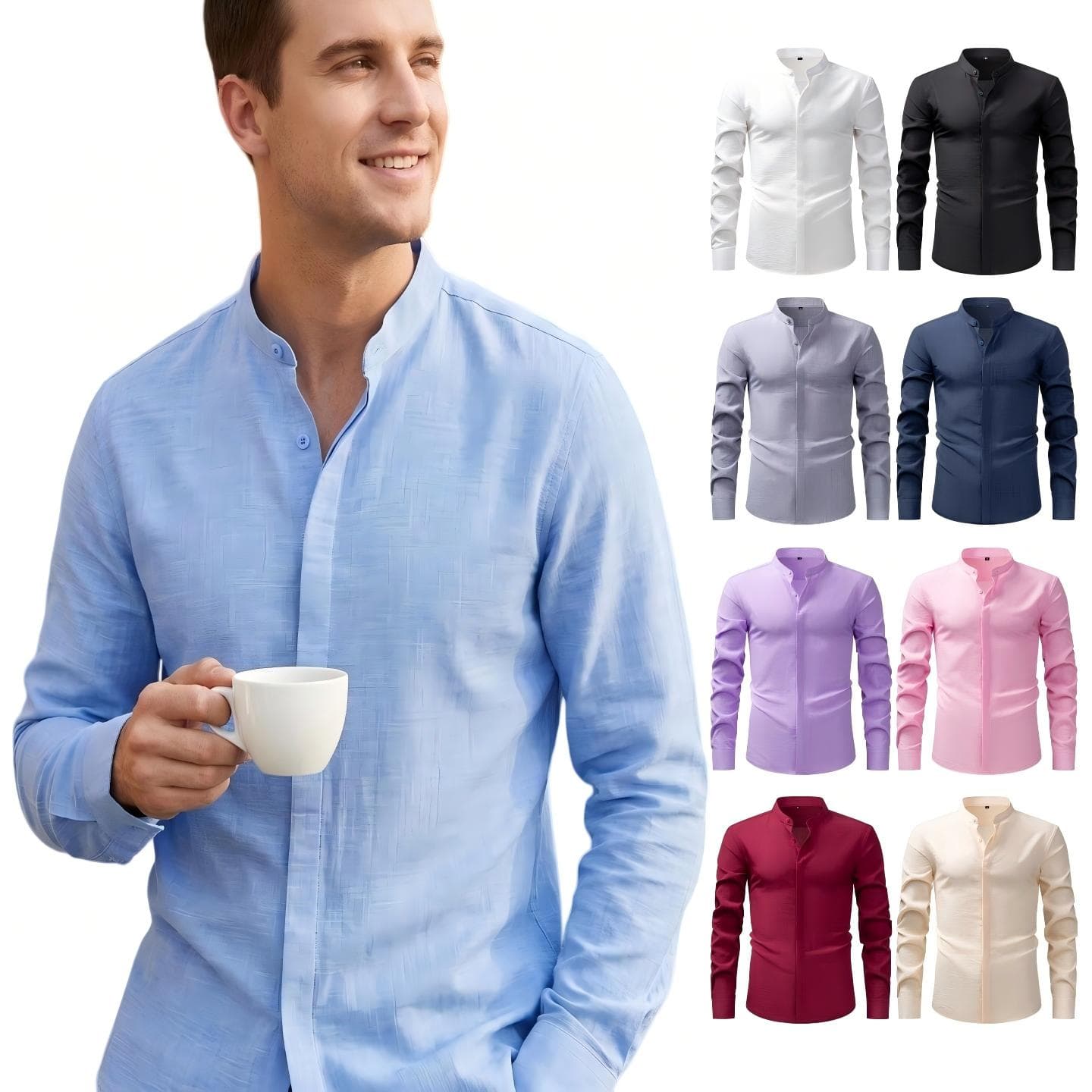 Jiana Cross-Border Popular Imitation Linen Men's Shirt With Stand Collar, Long Sleeves, Casual Fashion Business Commuter Shirt For Men