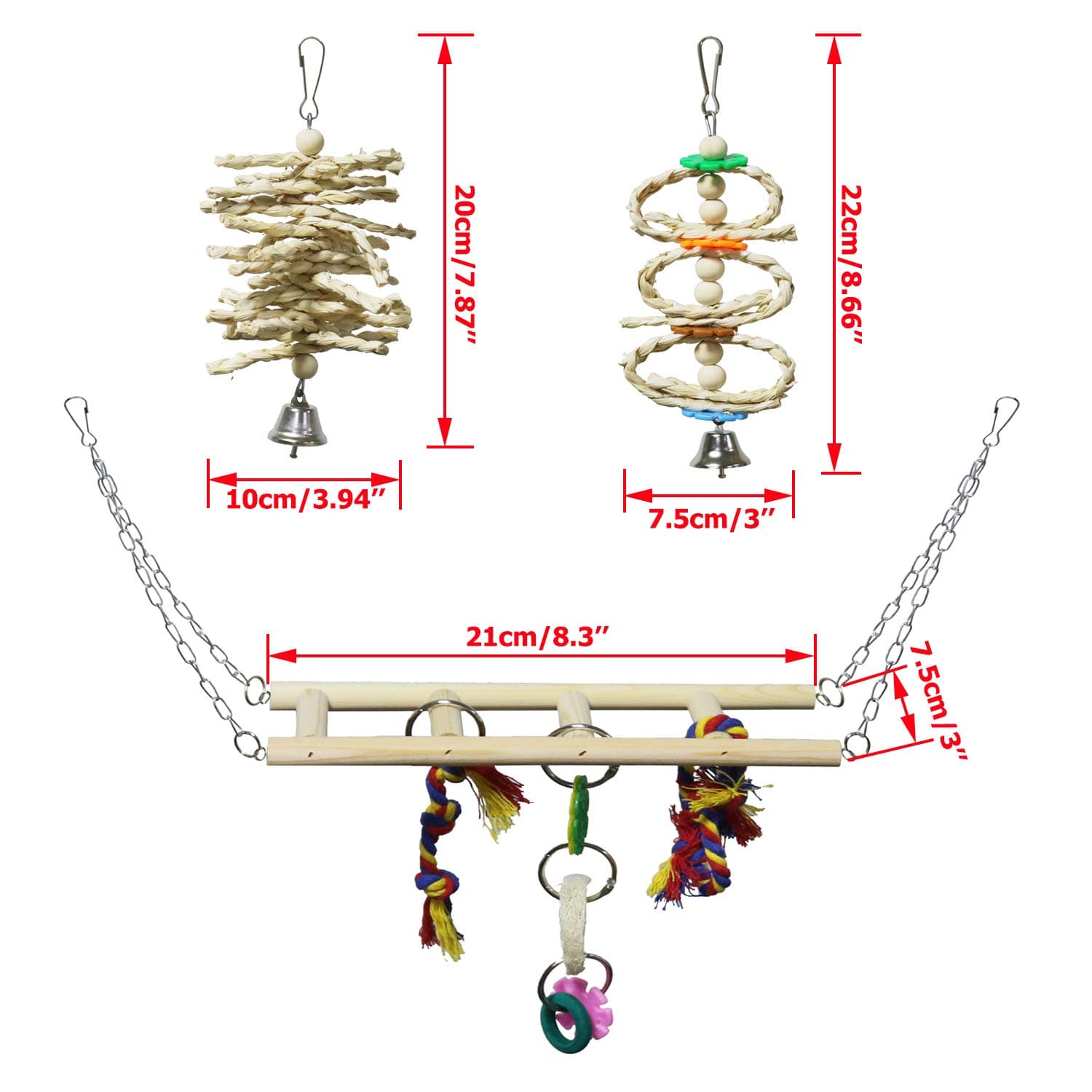 7 Pack Bird & Parrot Toys, Bird Cage Toys For Conures, Wood Chew Set Natural Wood, Bird Toys & Conure Toys, Climbing & Hanging Play, Hammock Rest, Corn Leaves & Luffa, Parakeets & Cockatiels