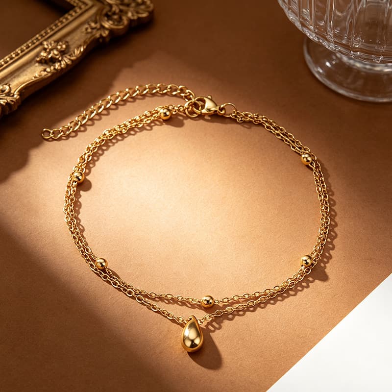 18K Gold Plated Stainless Steel Double Layer Anklet For Women, Teardrop Charm Beaded Ankle Bracelet, Waterproof Summer Beach Foot Jewelry Gift