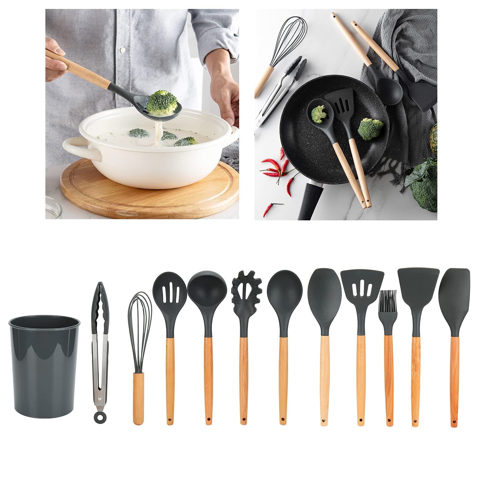 12 Piece Silicone Kitchen Utensil Set Heat Resistant 250C With Wooden Handles And Storage Holder