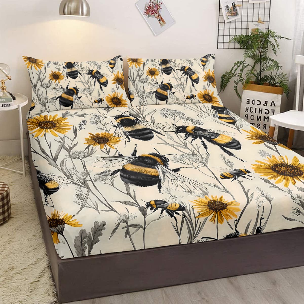3PCS Botanical Floral Printed Bed Fitted Sheet Set, Yellow Bedding Set, Cute Bee,1 Fitted Sheet, 2 Pillow Cases
