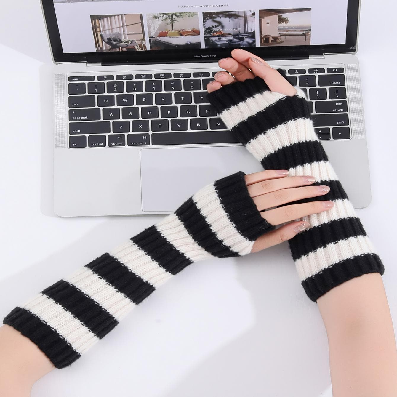Y2K Lolita Women Girls Solid Color Striped Warm Knit Fingerless Gloves Arm Warmer For Daily Party