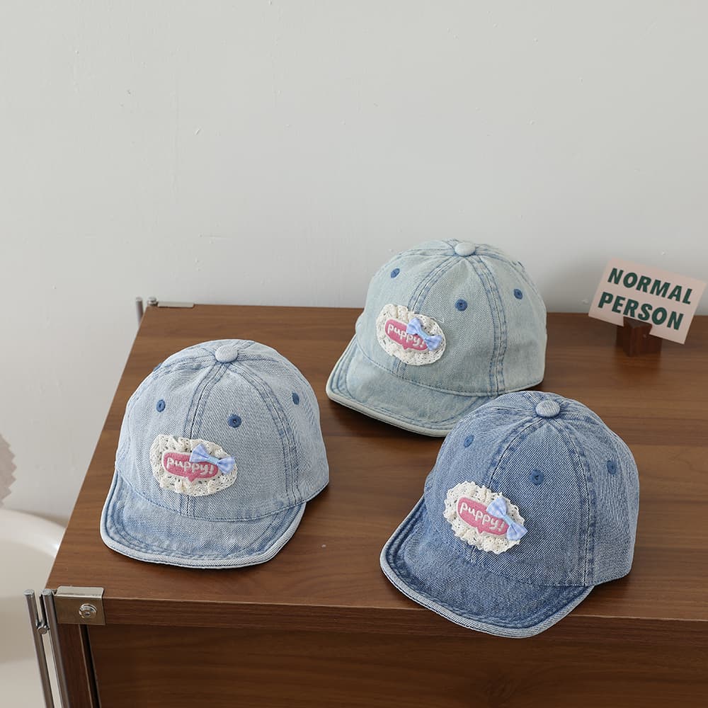 Sweet Style Patchwork Lettered Lace Edging Denim Kids Baseball Cap Washed And Antique Soft Brim Bow Tie Hat