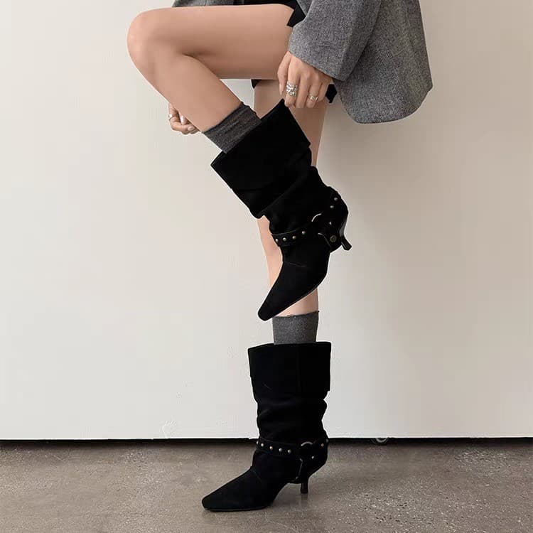 Women's Vintage Short Boots, 2026 Autumn Winter New Rivet Pointed Toe Mid Cuff Slouchy Ruched Stiletto Heel Boots With Belt Buckle