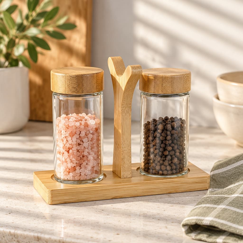 Glass Salt And Pepper Shakers With Bamboo Holder, 70ml Spice Jars Set With Portable Handle Base