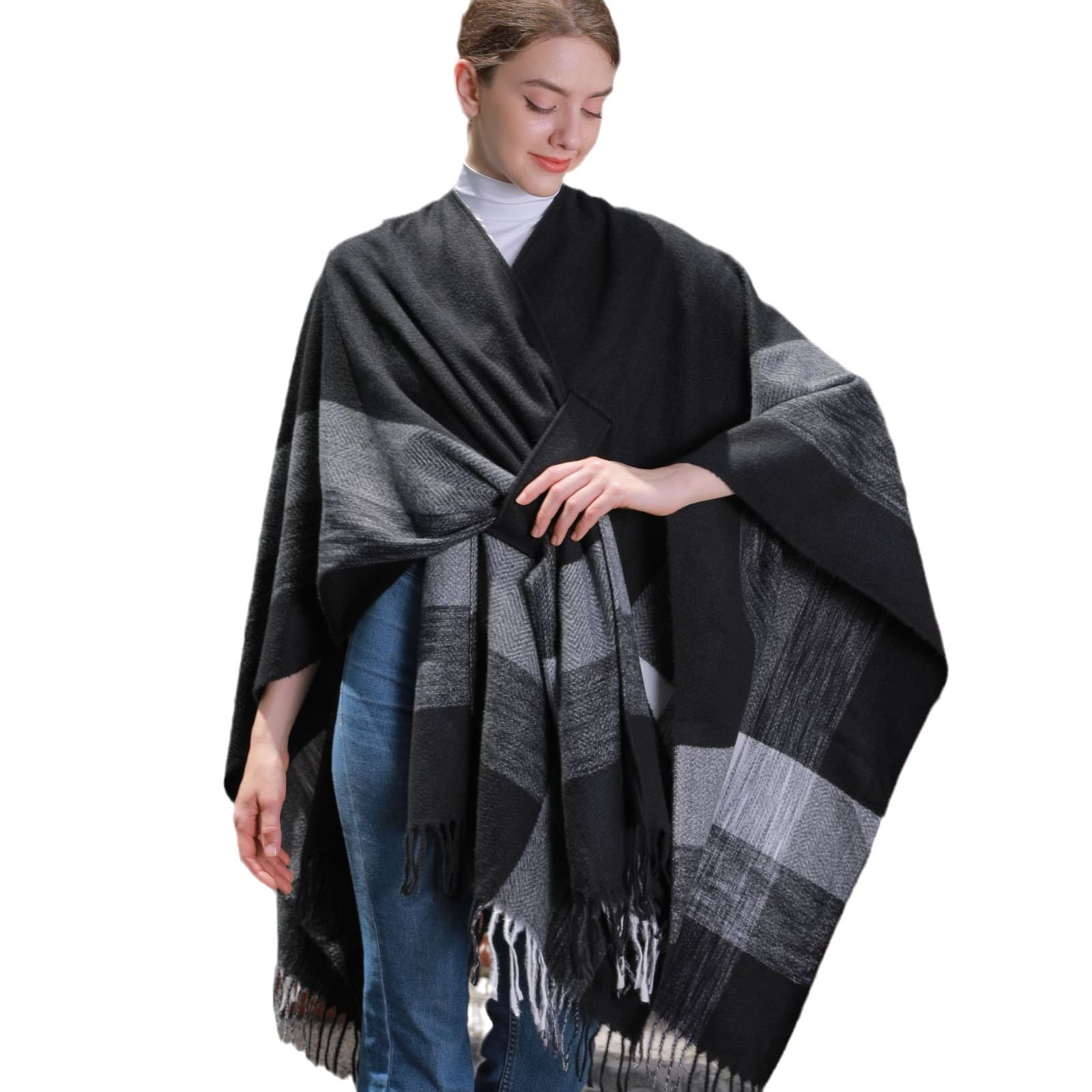 Women's Colorful Stripe Belted Shawl Coat, Jacquard Warm Tassel Cardigan Outerwear