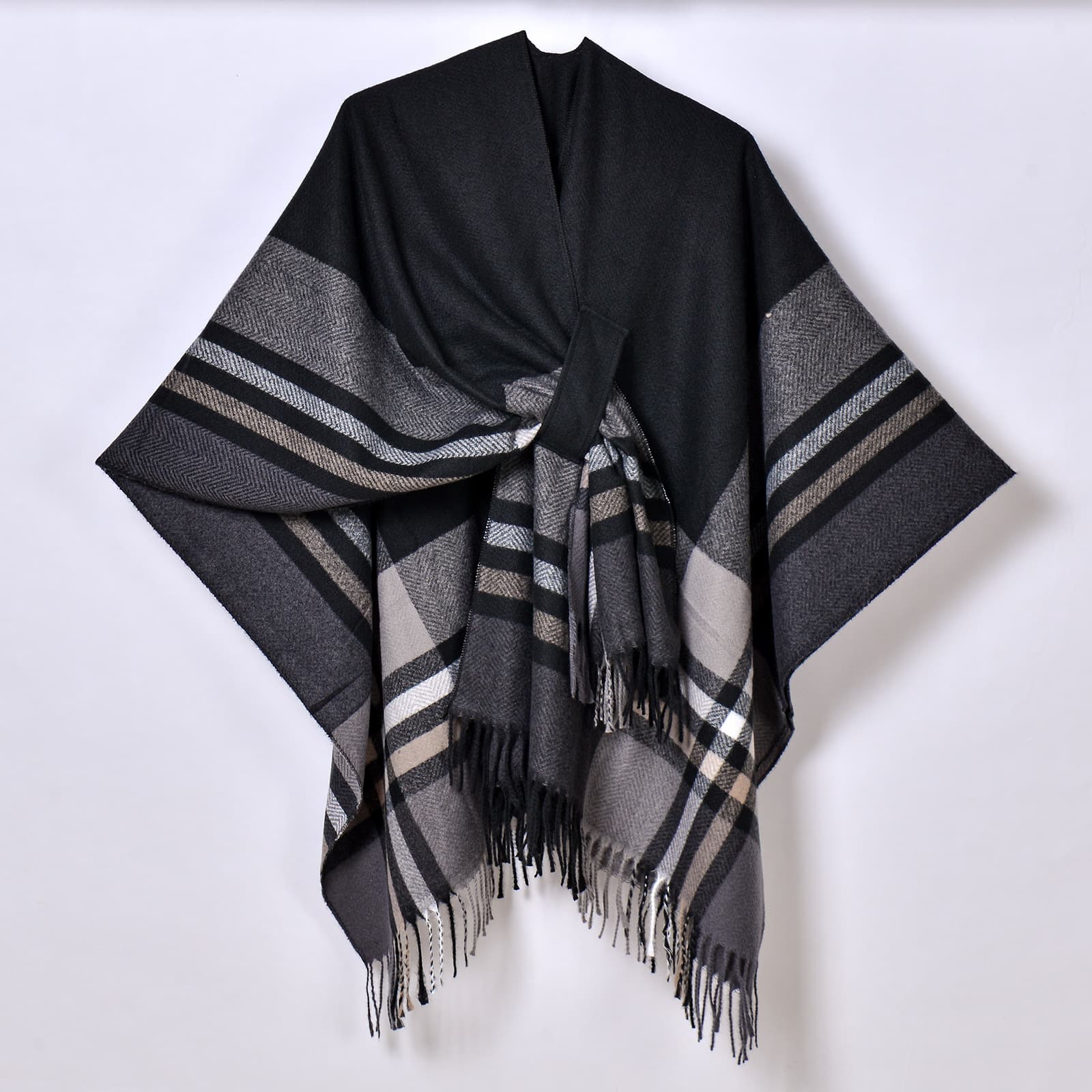 Women's Colorful Stripe Belted Shawl Coat, Jacquard Warm Tassel Cardigan Outerwear