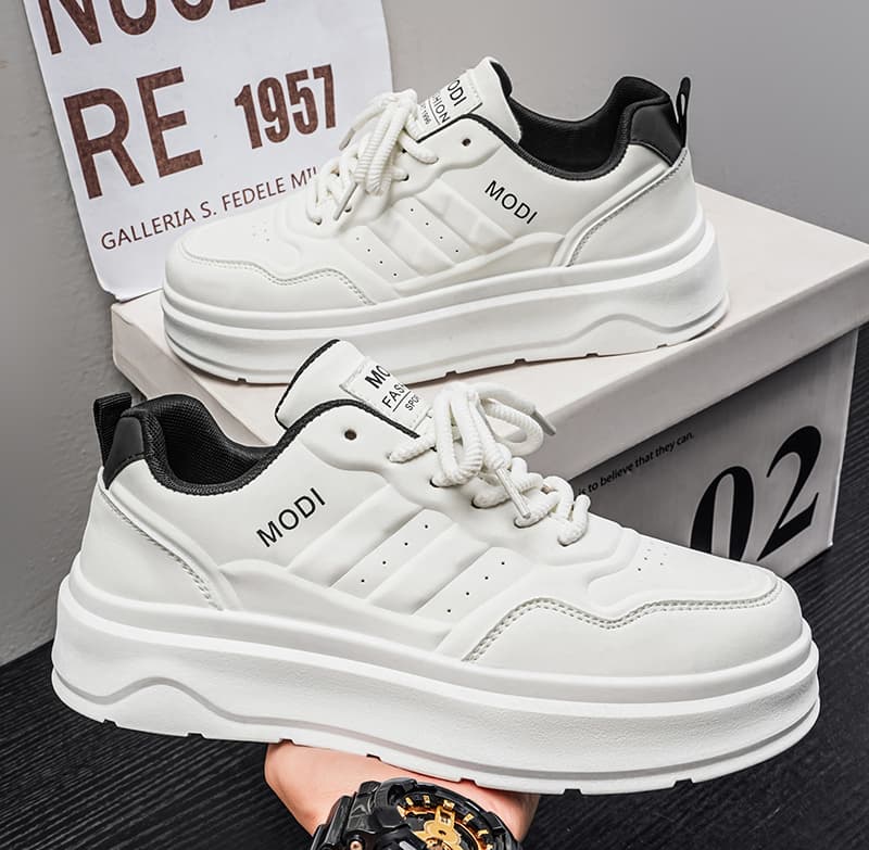 2026 New Men's Summer Premium Versatile White Leather Skate Shoes, Elevator Trendy White Sneakers