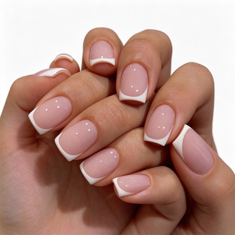 24Pcs Short Square Press On Nails, White French Tip Fake Nails With Tiny Rhinestones, Minimalist Reusable Artificial Nails Kit For Daily Wear, Comes With Nail File & Nail Glue Stickers