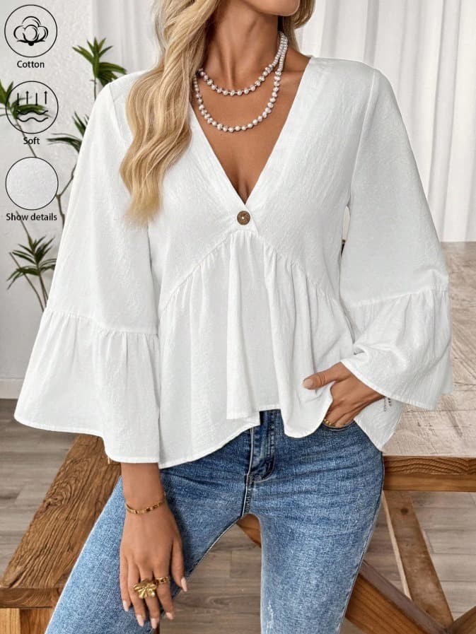 2026 New Arrival Women's Spring Summer Solid Color V-Neck Ruffle Sleeve Blouse, Loose Elegant Casual Tops