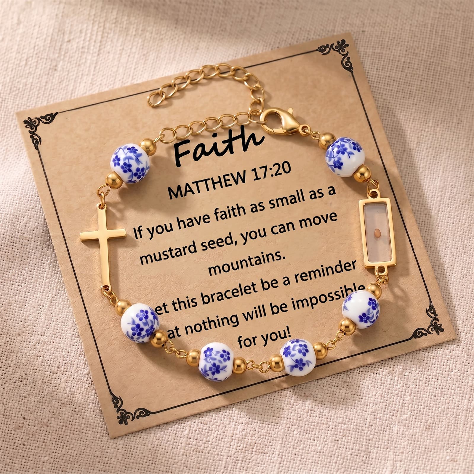 Christian Gifts 18K Gold Plated Cross Bracelet Real Mustard Seed Inside Faith Jewelry For Women Flower Printed Ceramic Beads Stainless Steel Matthew 17 20 Bracelet