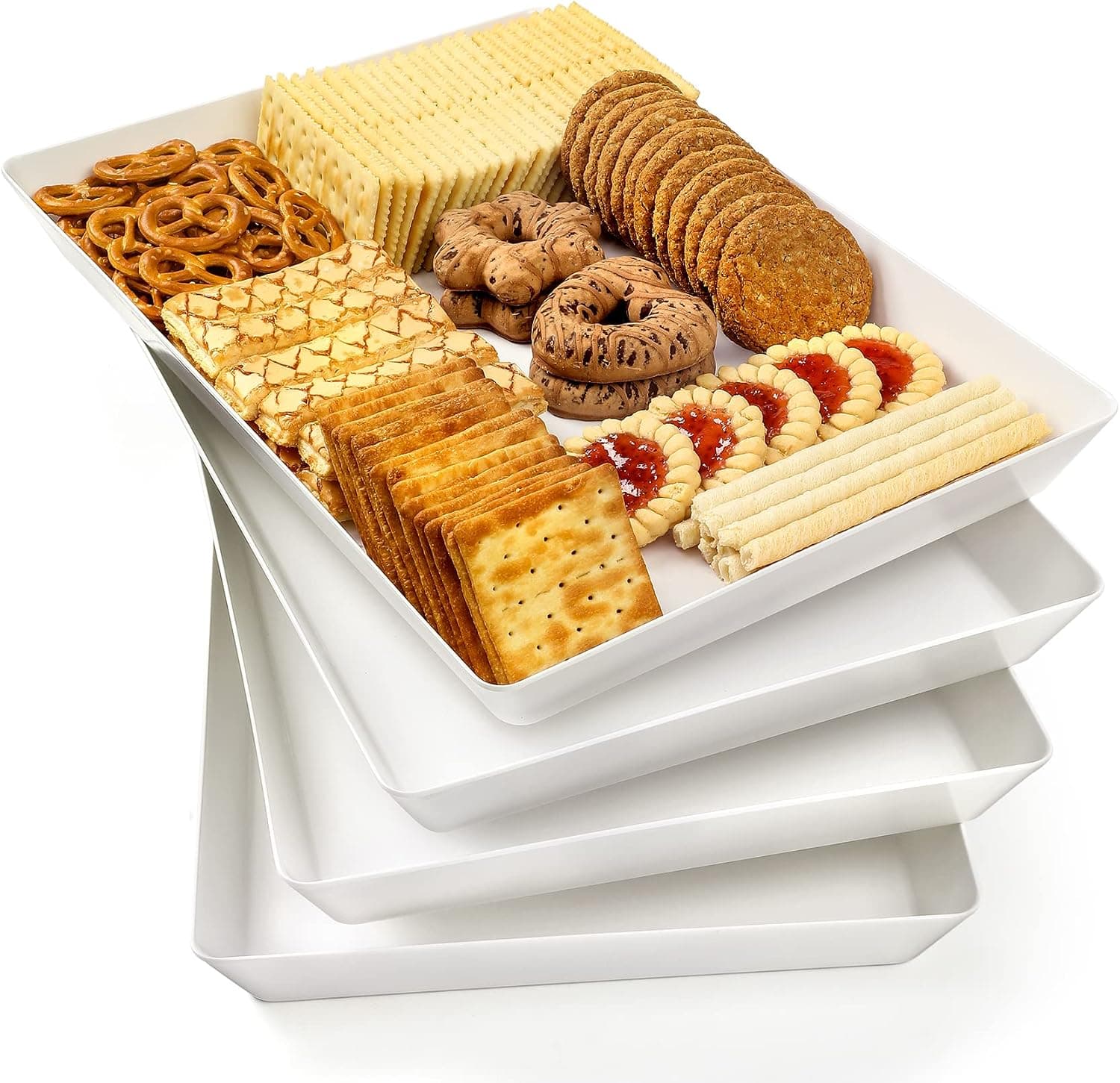 4 Pack Plastic Serving Trays, 16 X 11 Inch Large White Reusable Platters For Cookies, Snacks, Appetizers, Desserts & Party Food