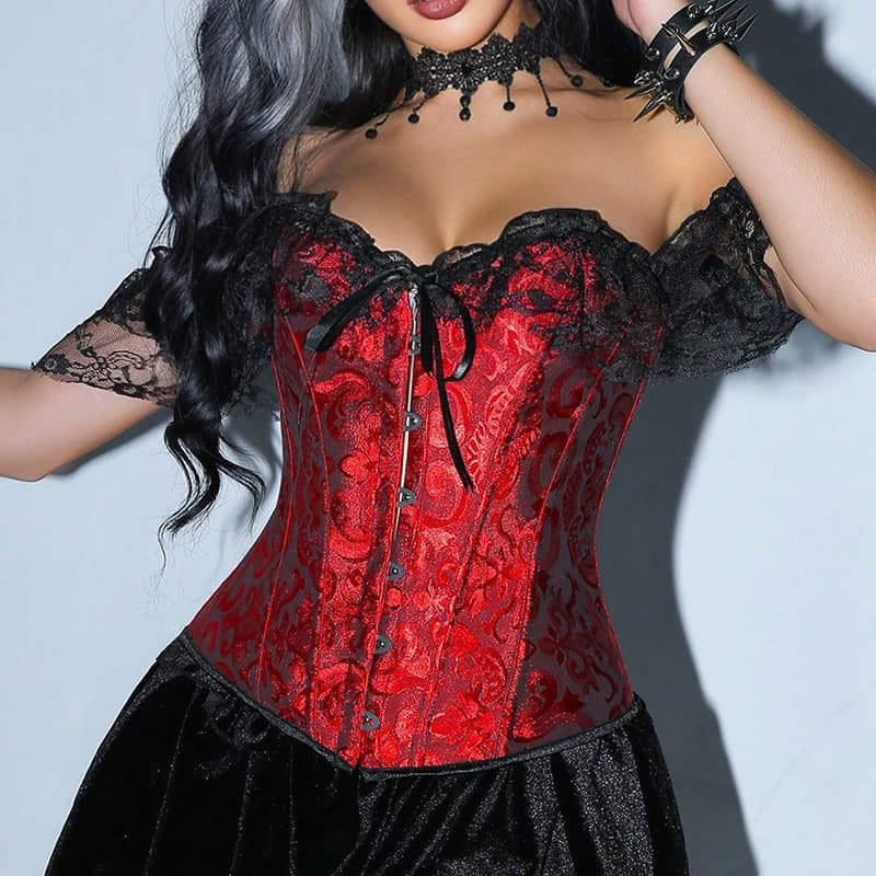 Court-style Lace Sexy Corset Dress With Boned Bodice, Slim Fit, Off-shoulder, Waist-cinching And Chest-support Shaping Top-Black And Red