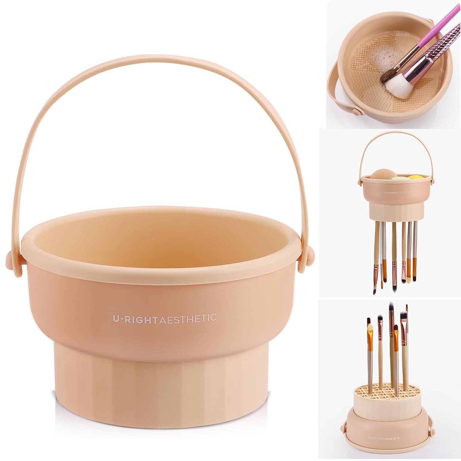3 In 1 Silicone Makeup Brush Cleaner Bowl And Cleaning Mat, Reusable Makeup Brush Washing Tool, Khaki