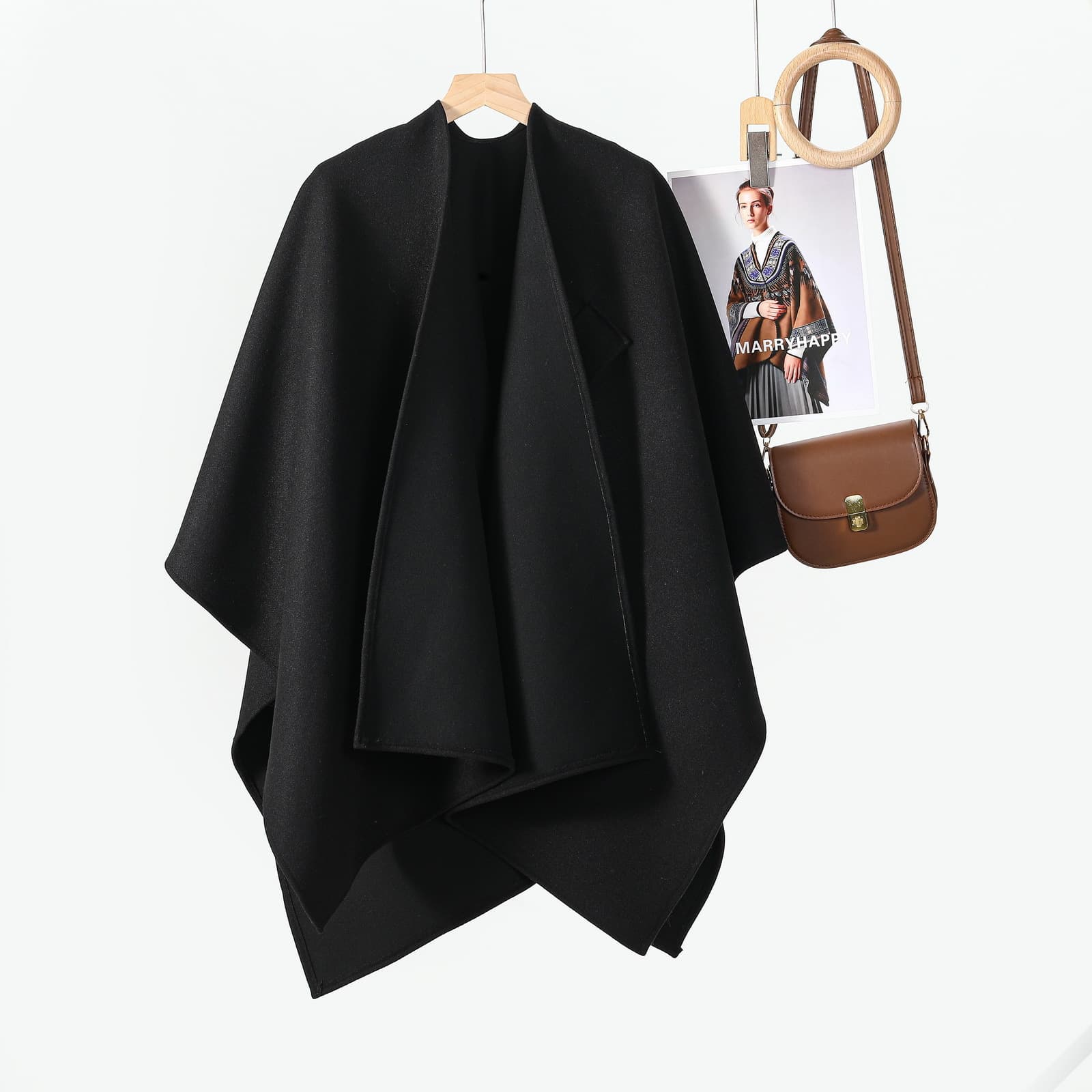 Women's Fashion Minimalist Solid Color Diagonal Tie-Strap Poncho Cape, Thick Outerwear
