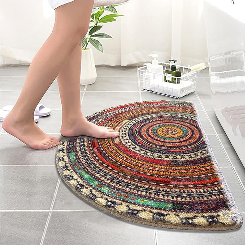 Bohemian Vintage Semi Circular Carpet, Half Round Door Mat,Semi Circle Bathroom Floor Rug,Mandala Boho Bohemian Non-Slip Welcome Entrance Way Absorbent Bath Mat