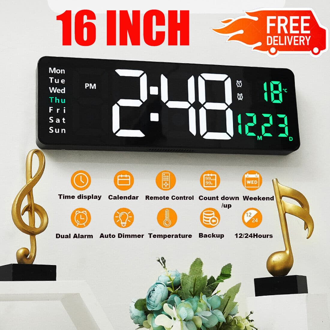NEW 16 Large Jumbo Digital LED Wall Clock Alarm Calendar Temperature Date Dimmer UK